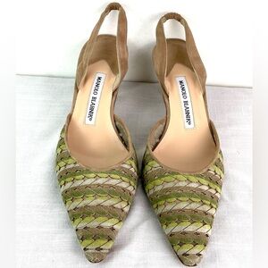 Manolo Blahnik Pointy Suede Pumps Size 39 Made in Italy Multi Shades of Greens